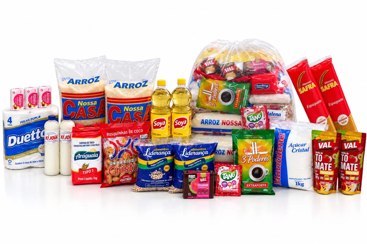 Cesta básica EcoLar Premium 2 com arroz, feijão, óleo, café e itens de limpeza — Goiânia e Aparecida